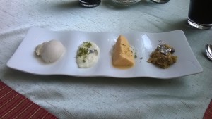 Dessert platter: Custard fruit ice cream, gulathi, mango kulfi and faluda and malida. Photo Credit: Seema Kumar